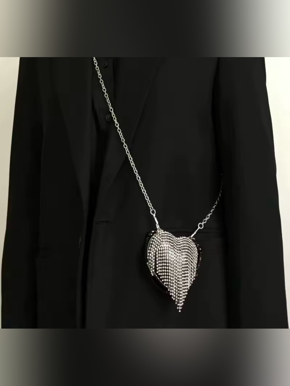Rhinestone Heart Mini Crossbody Bag Silver Chain Evening Purse - Picture 5 of 7
